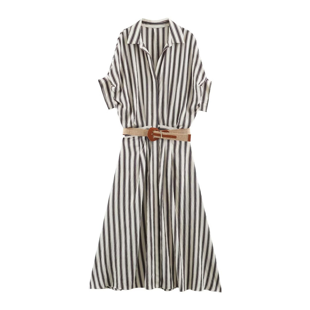 Damen Langes gestreiftes Hemdblusenkleid mit Taillengürtel und überschnittenen Ärmeln Shop Nory