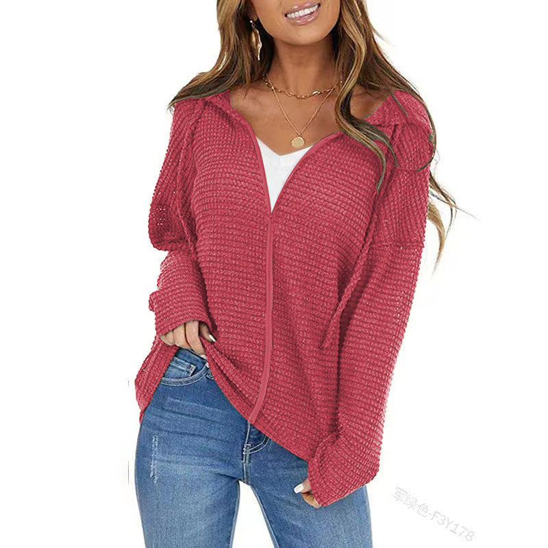 Damen Oversize Waffelstrick-Kapuzenpullover mit Reißverschluss Shop Nory