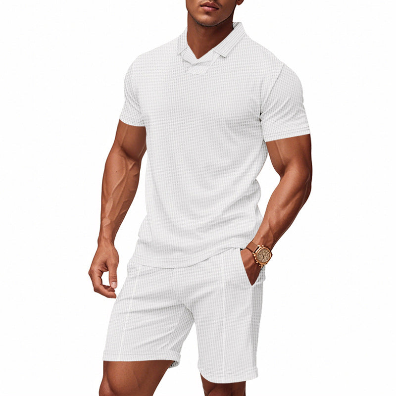 Herren nan lässiges Waffelstruktur-Freizeitset mit Reverskragen-Kurzarmshirt und elastischen Freizeitshorts
