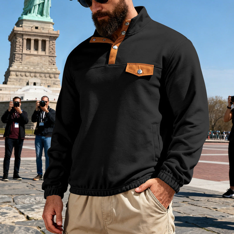 Herren Funktionssweat mit Stehkragen, Druckknopfleiste und Kunstlederbesatz Shop Nory