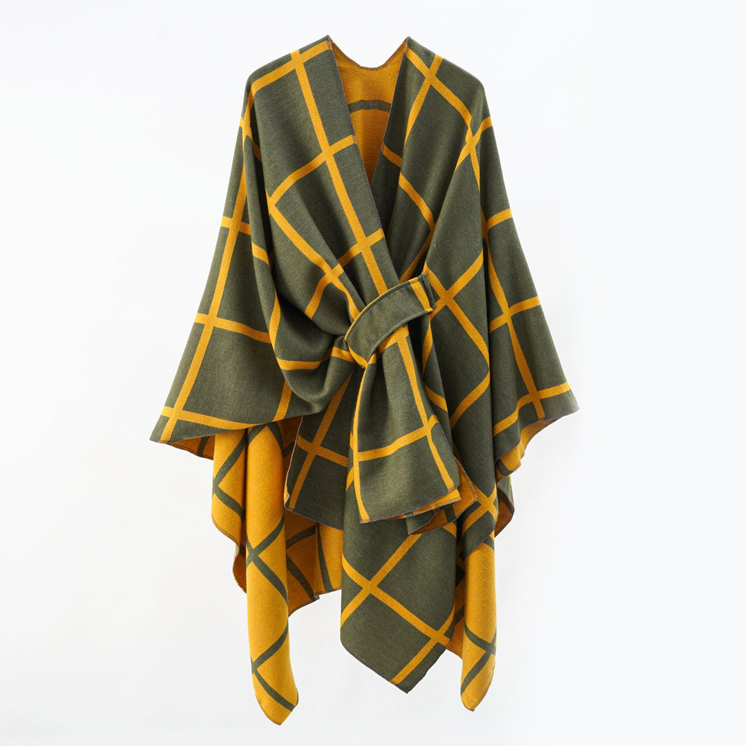 Damen Oversize Poncho aus Feinstrick mit Taillengürtel und Karomuster Shop Nory