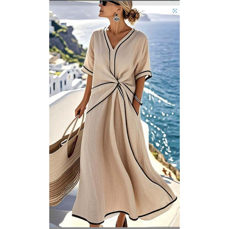 Damen Maxikleid mit V-Ausschnitt, seitlichem Knoten und Kontrastpaspeln Shop Nory