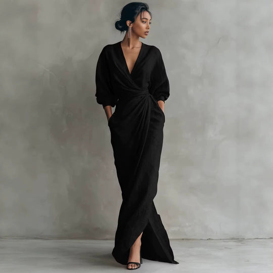 Damen Wickel-Maxikleid aus Leinenmix mit tiefem V-Ausschnitt und Ballonärmeln Shop Nory