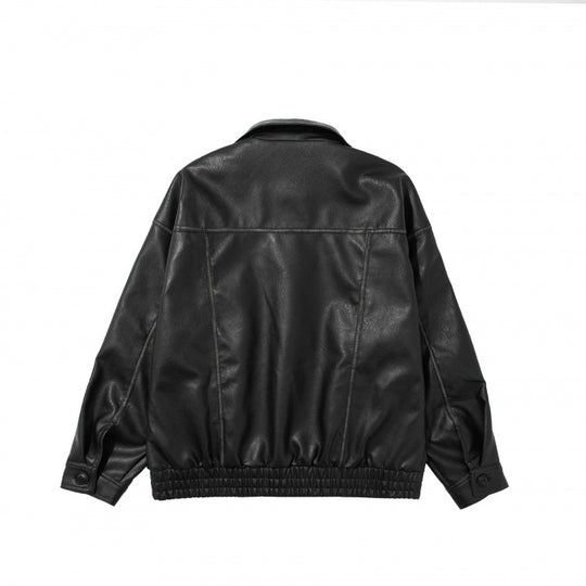 Unisex Kurz geschnittene Oversized Kunstleder-Blousonjacke mit Hemdkragen, Pattentaschen und elastischem Saum Shop Nory