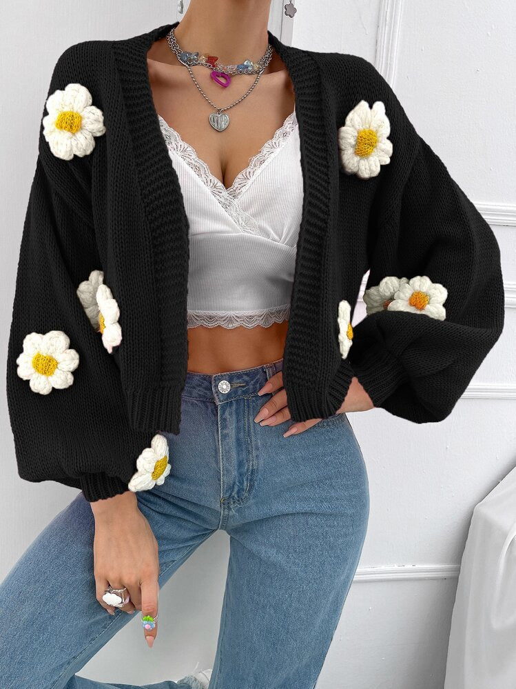 Damen Kurzgeschnittener Grobstrick-Cardigan mit 3D-Blütenapplikationen Shop Nory