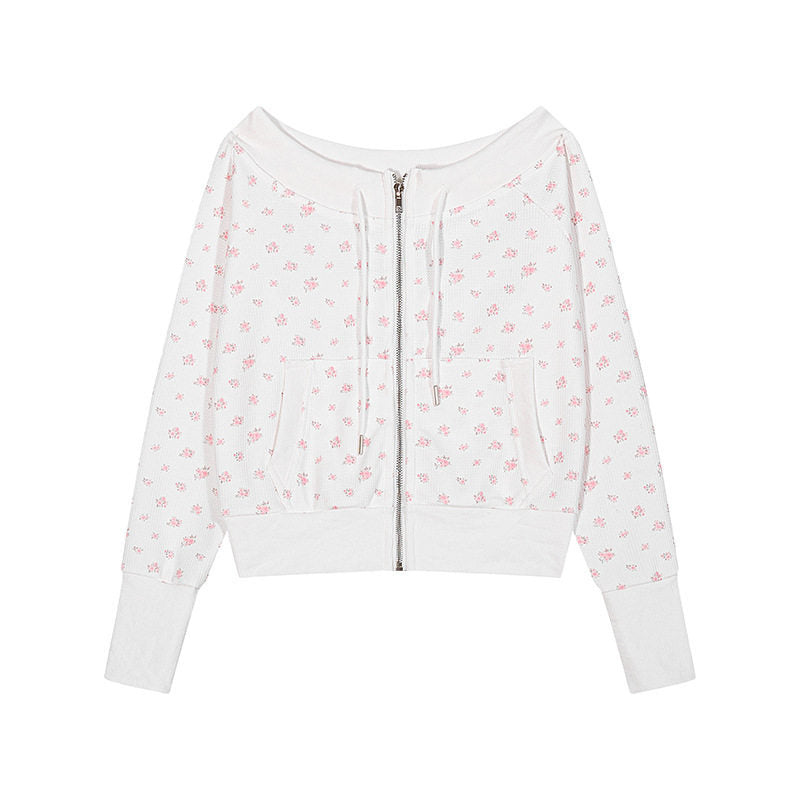 Damen Kurz geschnittene Kapuzenjacke im Waffelstrick mit weitem Carmen‑Ausschnitt und Blütenprint Shop Nory