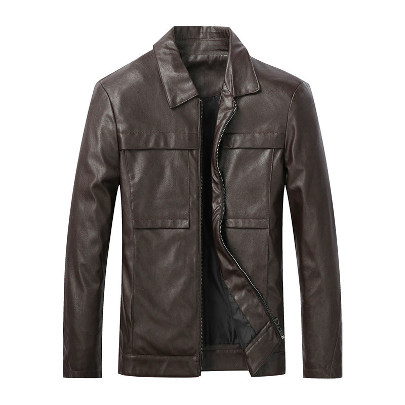 Herren Slim‑Fit Lederoptik-Truckerjacke mit Hemdkragen, verdecktem Reißverschluss und Pattentaschen Shop Nory