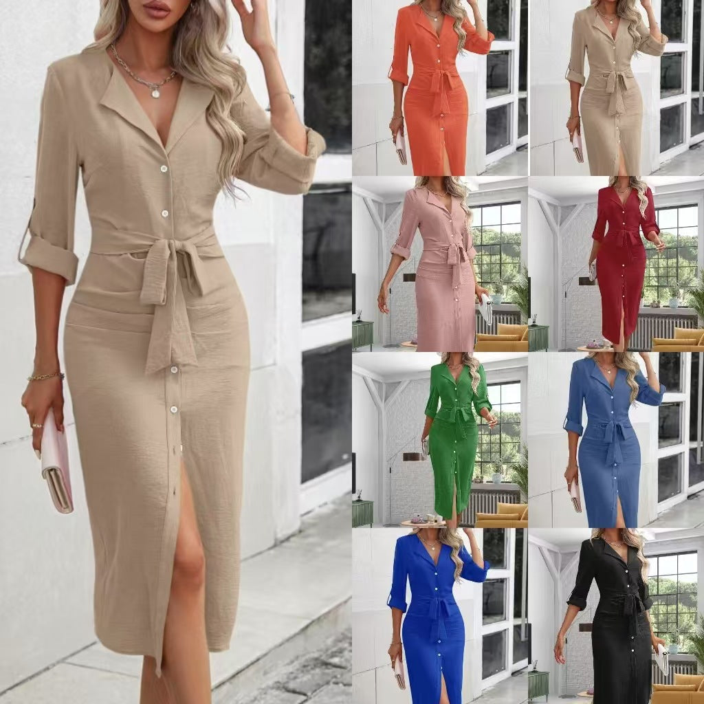 Damen Tailliertes Hemdblusen-Midikleid mit Bindegürtel, durchgehender Knopfleiste und Dreiviertelärmeln Shop Nory
