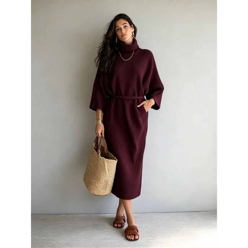 Damen Midikleid aus Rippstrick mit Rollkragen, Bindegürtel und Eingrifftaschen Shop Nory