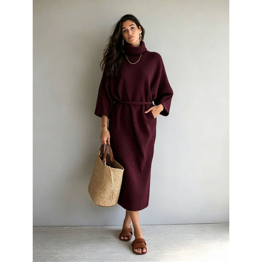 Damen Midikleid aus Rippstrick mit Rollkragen, Bindegürtel und Eingrifftaschen Shop Nory