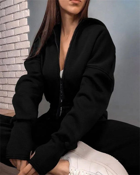 Damen Taillierter Kapuzen-Sweat-Jumpsuit mit Reißverschluss und elastischem Taillenbund Shop Nory