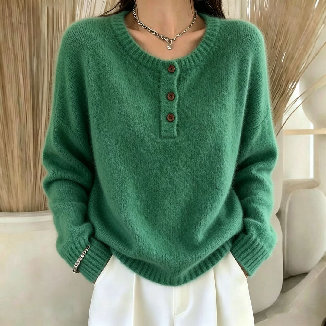 Damen Kuscheliger Rundhals-Henley-Pullover mit Knopfleiste und Raglanärmeln Shop Nory