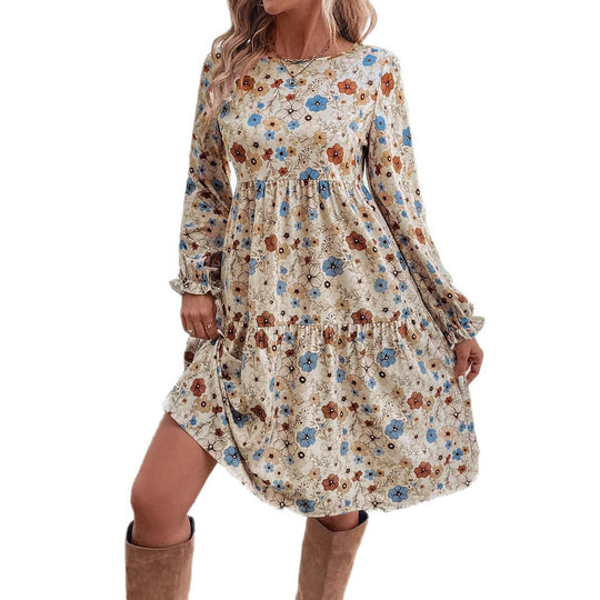 Damen Geblümtes Stufenmidikleid mit Rundhalsausschnitt, geraffter Taillenpartie und Ballonärmeln Shop Nory
