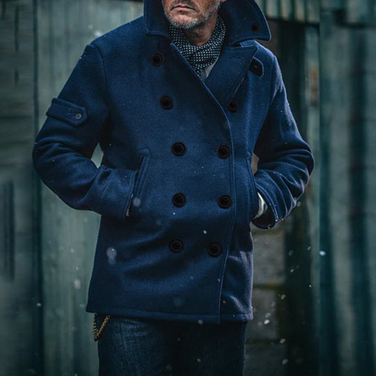 Herren Doppeltreihiger Wollmantel im Peacoat-Stil mit hohem Kragen Shop Nory