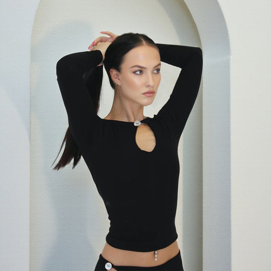 Damen Zweiteiliges figurbetontes Stretch-Set mit Langarm-Crop-Top und Hüft-Cut-out Rock Shop Nory