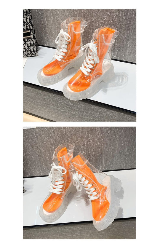 Damen trendige Stiefeletten im transparenten Design mit knalligem Detail