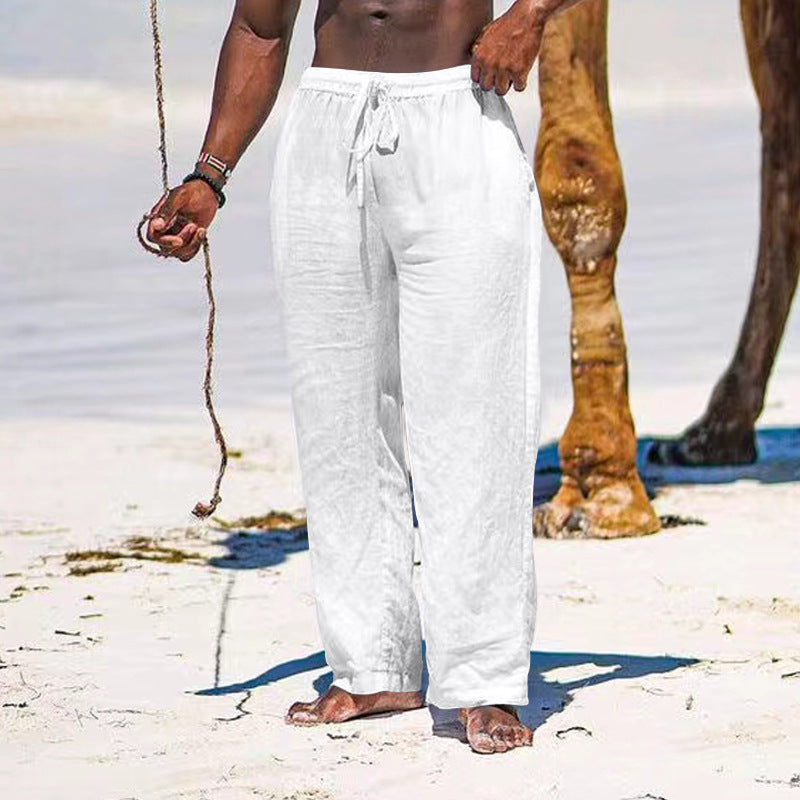 Herren lässige Strandhose aus leichtem Leinenstoff mit elastischem Bund und Kordelzug