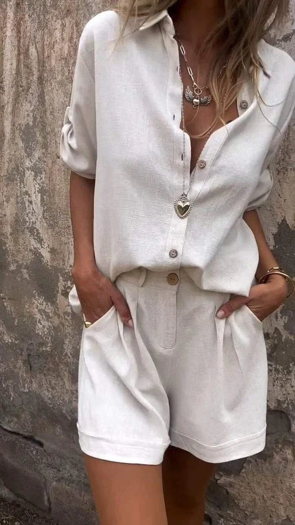 Damen Kurzoverall mit elegantem Hemdkragen und Taillengürtel Shopnory