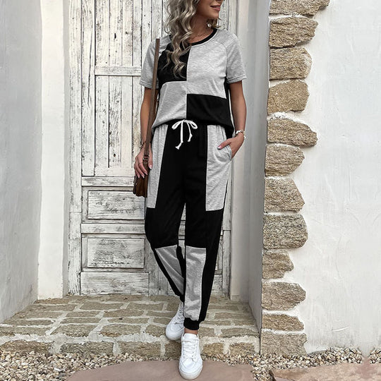 Damen Zweiteiler Freizeit-Set aus Baumwollmix mit Colorblock-Shirt und Jogginghose Shop Nory