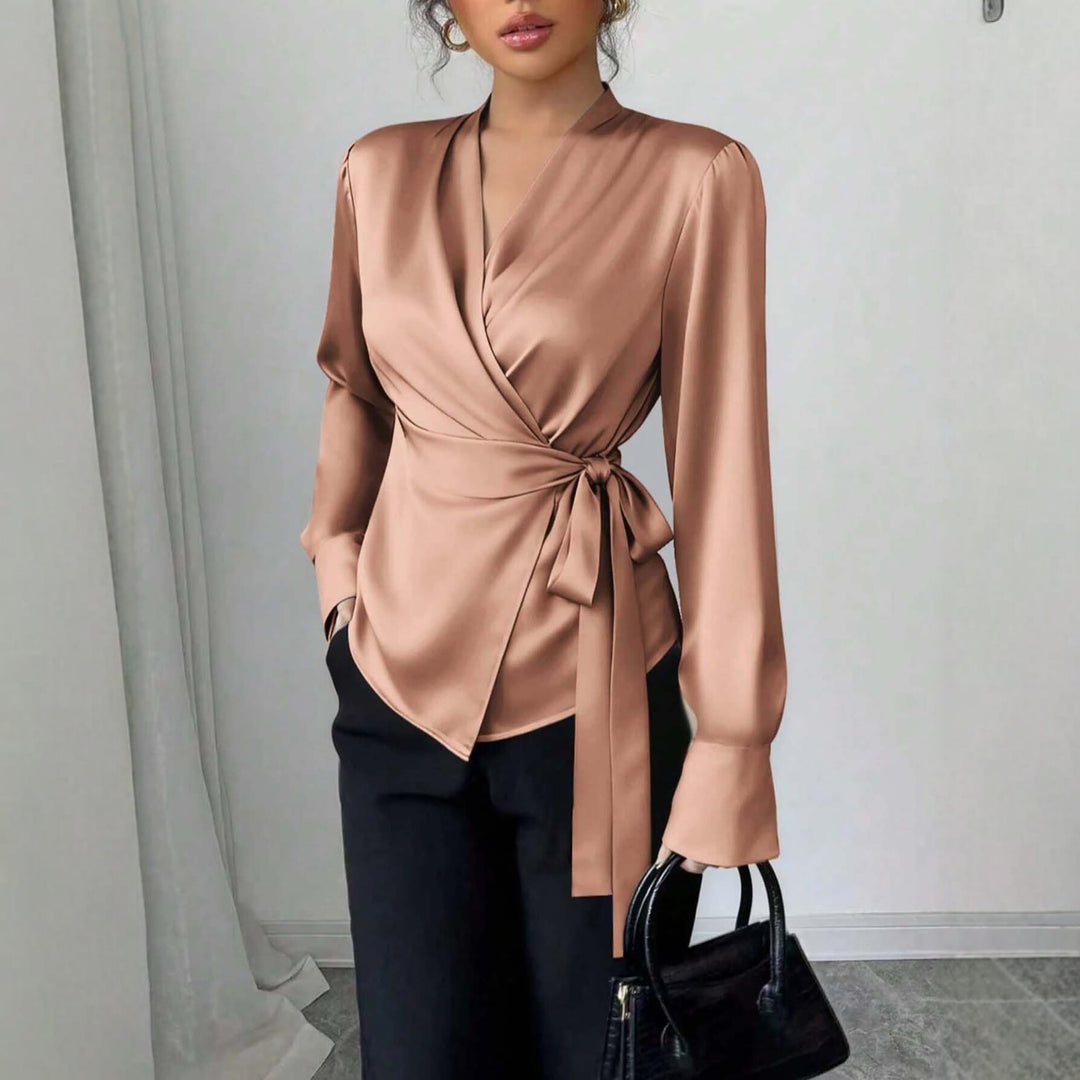 Damen Satin-Wickelbluse mit V-Ausschnitt, Taillengürtel und schmalem Manschettenärmel Shop Nory