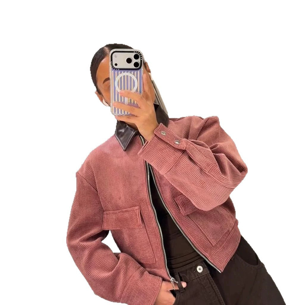 Damen Kurze Cordjacke mit kontrastierendem Lederkragen, Oversize-Silhouette und Metallreißverschluss Shop Nory