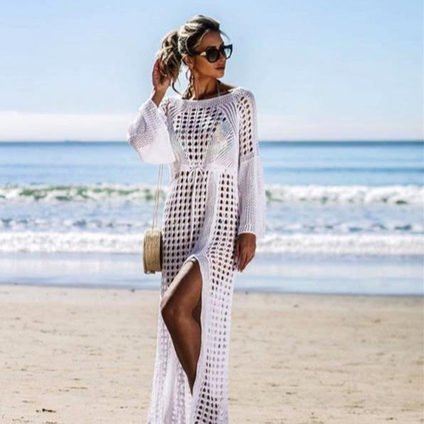 Damen Häkel-Strandkleid mit tiefem V-Ausschnitt und voluminösen Ärmeln