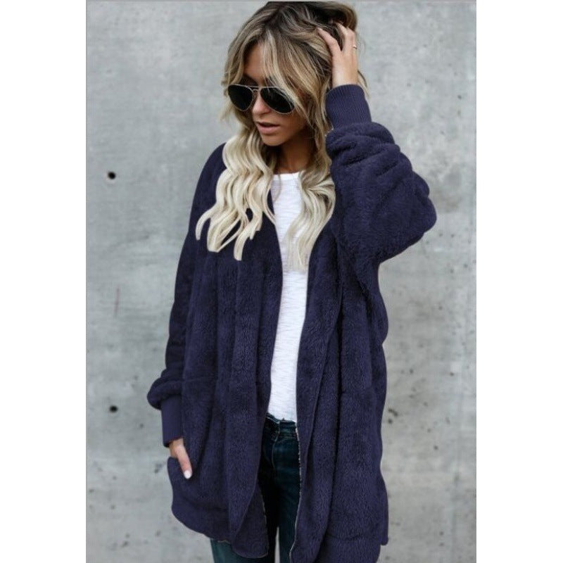 Damen Oversize Teddy‑Fleece‑Mantel mit offener Front, Eingrifftaschen und Rippbündchen Shop Nory
