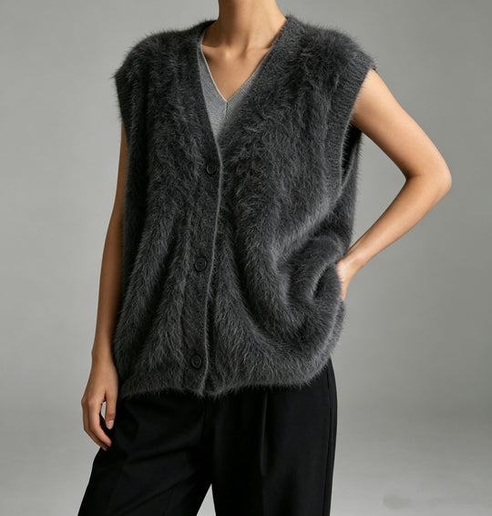 Damen Flauschige ärmellose Knopf‑Weste aus Mohairmix mit tiefem V-Ausschnitt Shop Nory