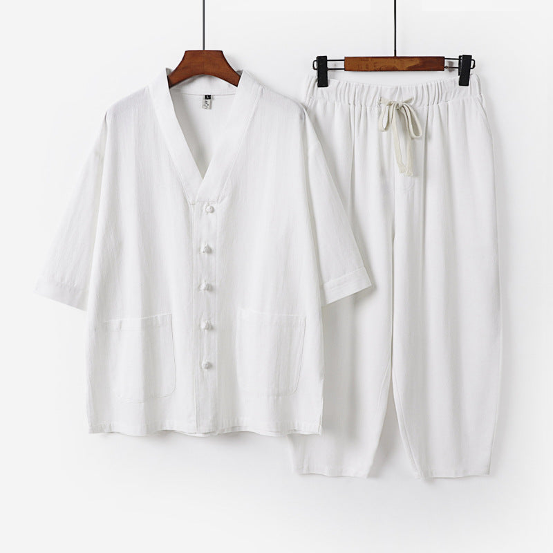 Unisex Leichtes Kimono-Lounge-Set aus Baumwoll-Leinen mit Kurzarmjacke und Kordelbund-Hose Shop Nory