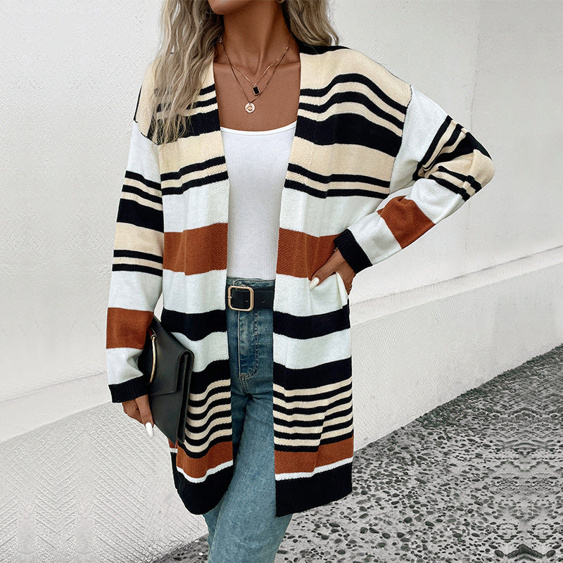 Damen Oversize Strickcardigan mit Blockstreifen, offener Front und langen Ärmeln Shop Nory