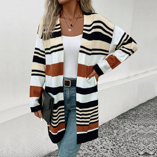 Damen Oversize Strickcardigan mit Blockstreifen, offener Front und langen Ärmeln Shop Nory