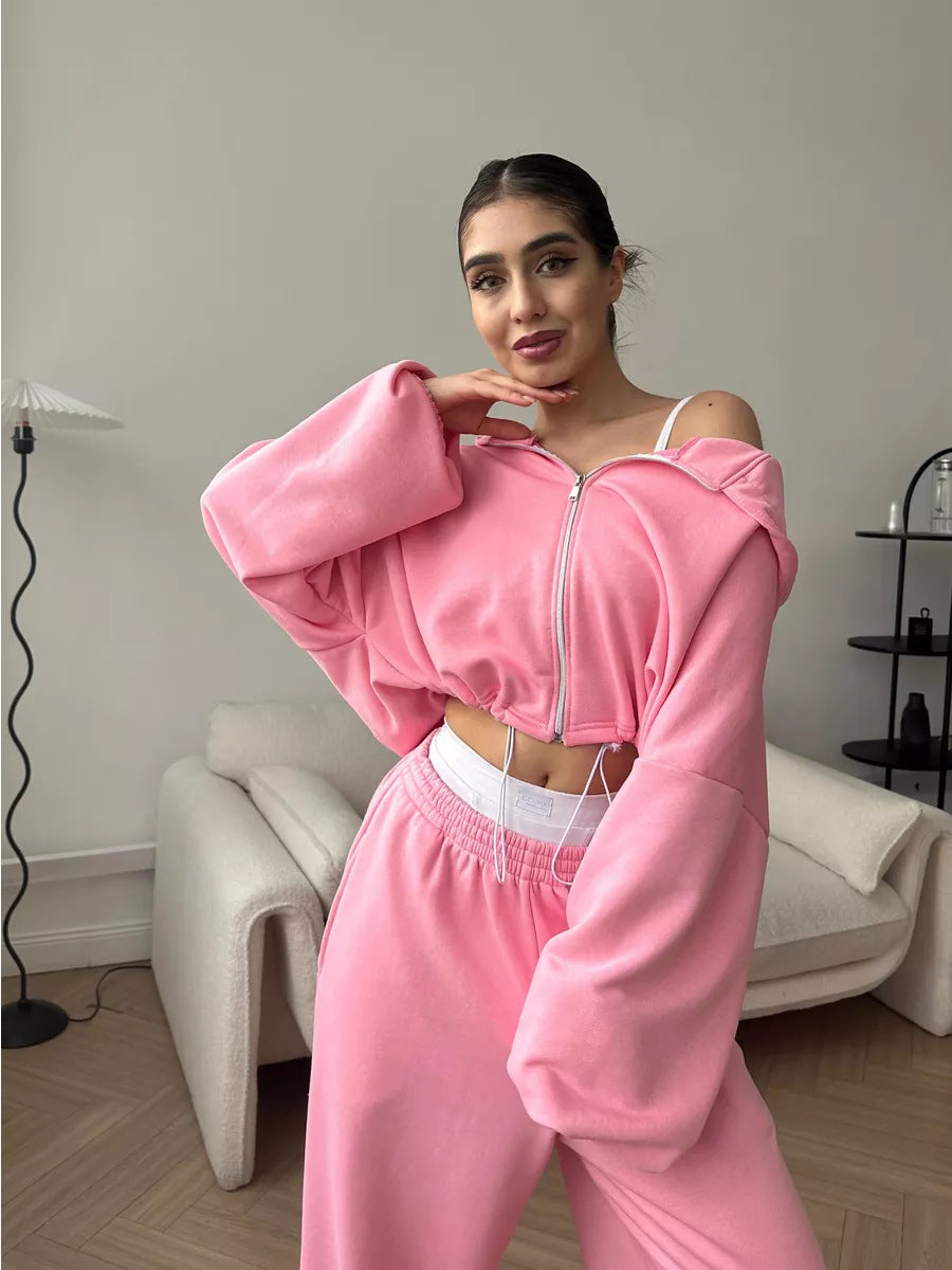Damen kurzes Kapuzenzipper-Lounge-Set mit oversized Ärmeln und weitem Jogginghose-Schnitt Shop Nory