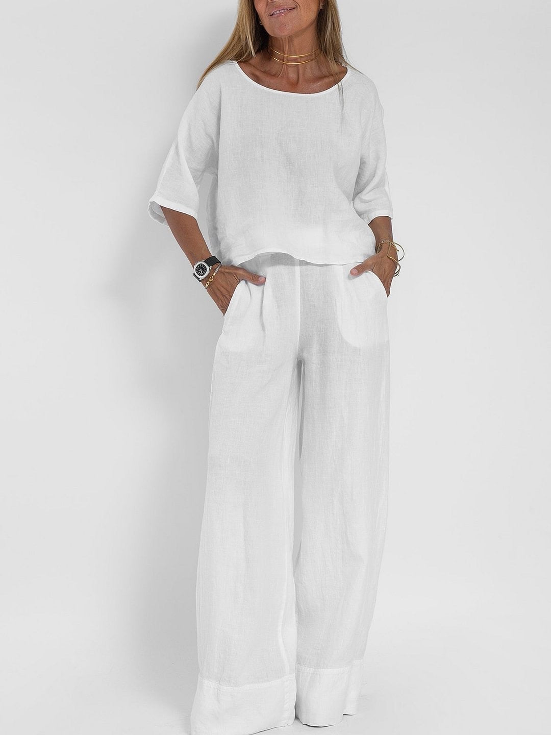 Damen lässiges Leinen-Set mit weitem Oberteil und palazzo Hosen