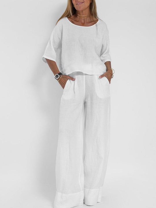 Damen lässiges Leinen-Set mit weitem Oberteil und palazzo Hosen