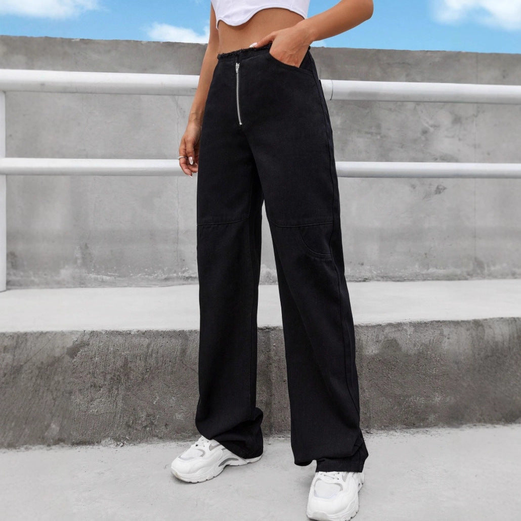 Damen Hochtaillierte Wide-Leg-Jeanshose mit sichtbarem Frontreißverschluss, Knie-Abnähern und rohem Bund Shop Nory