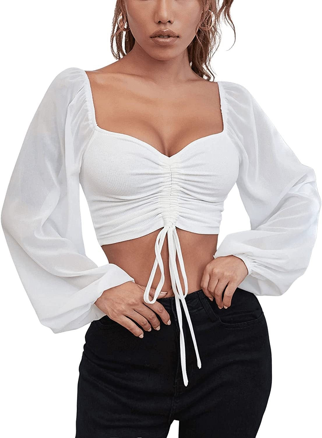 Damen Crop-Top mit strukturiertem Körper und eleganten Puffärmeln