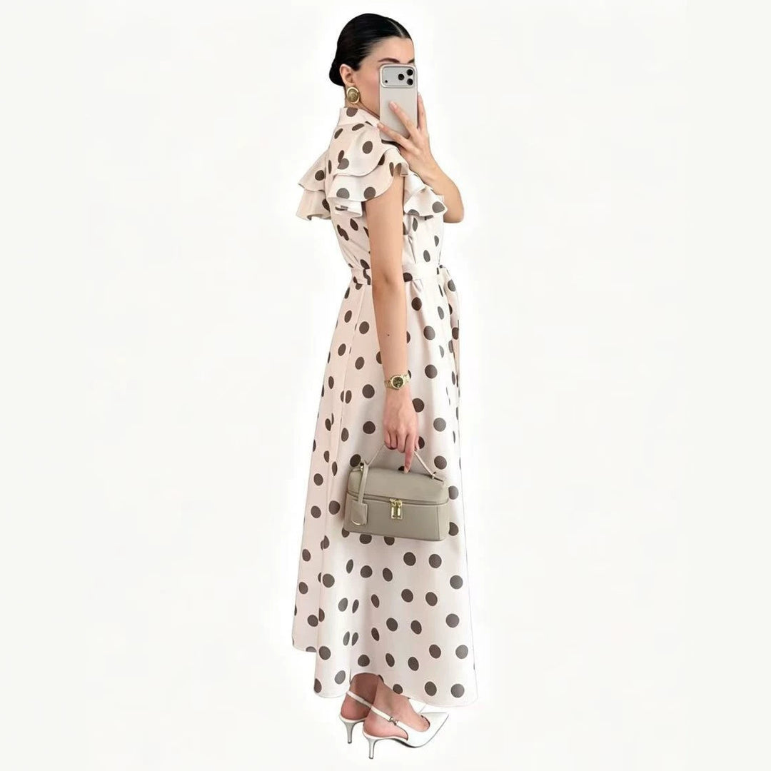 Damen Gepunktetes Maxikleid mit Stehkragen, Volantärmeln und Bindegürtel Shop Nory
