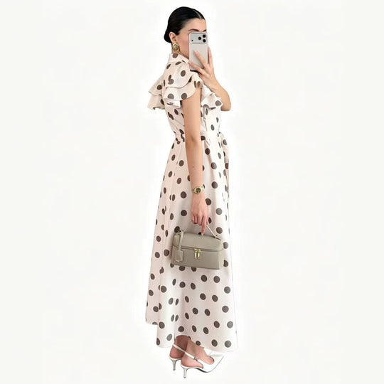 Damen Gepunktetes Maxikleid mit Stehkragen, Volantärmeln und Bindegürtel Shop Nory