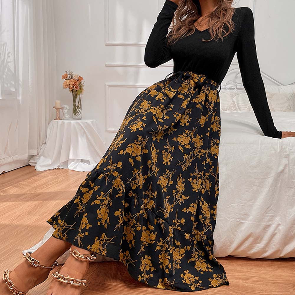 Damen figurbetontes V-Neck-Longsleeve Oberteil mit voluminösem Midi-Rock im floralem Wickelstil Shop Nory