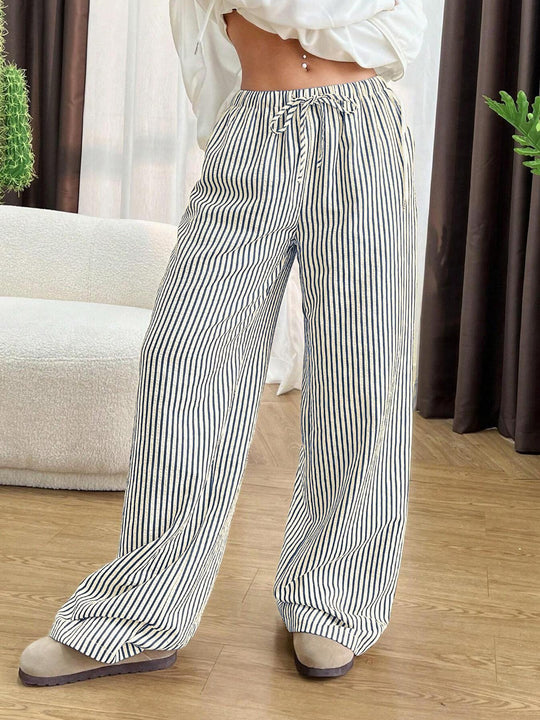 Damen Weite Highwaist-Hose mit Tunnelzug Streifen-Leinenoptik und Eingrifftaschen Shop Nory