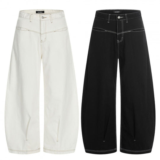 Damen Weite Cropped Ballon-Jeans mit hohem Bund und sichtbaren Kontrastnähten Shop Nory