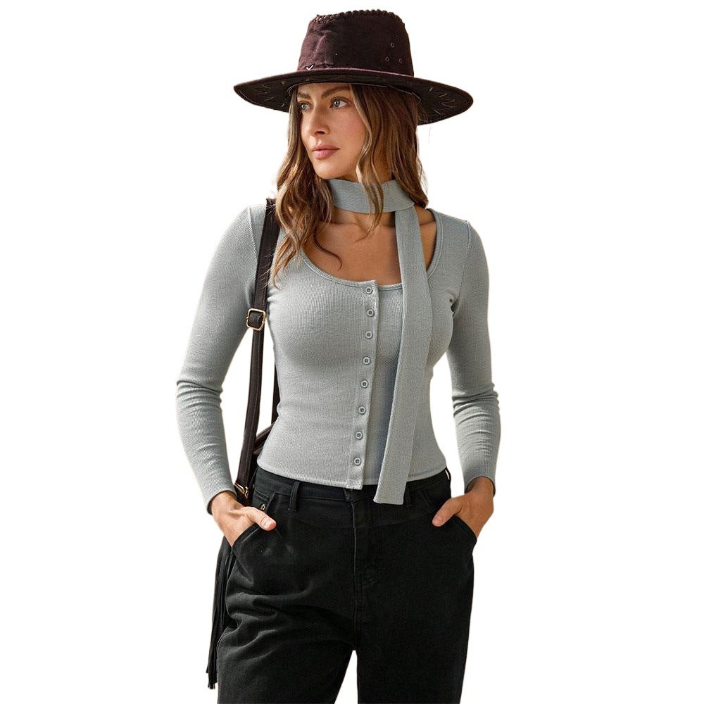 Damen geripptes Langarm-Cardigan-Top mit Knopfleiste, integrierter Schlauchschal und figurbetonter Passform Shop Nory