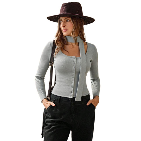 Damen geripptes Langarm-Cardigan-Top mit Knopfleiste, integrierter Schlauchschal und figurbetonter Passform Shop Nory