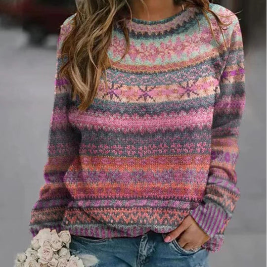 Damen gemusterter Strickpullover mit Rundhalsausschnitt, Fair Isle Muster und lässigem Oversized-Schnitt Shop Nory