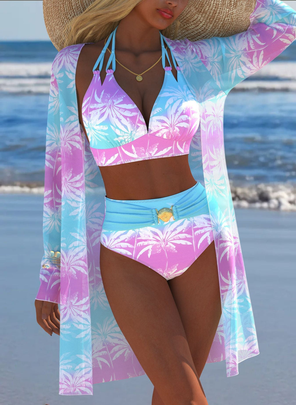 Damen Bikini-Set mit kreativem geometrischen Design und hohem Bund