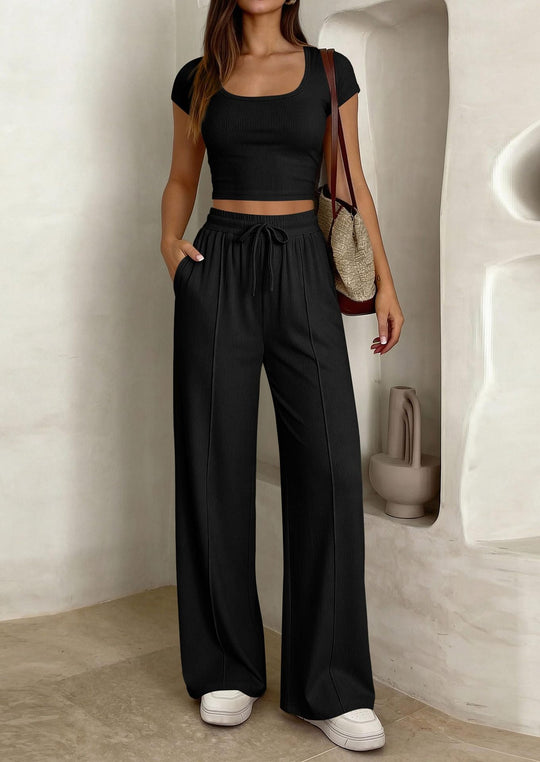 Damen lässiges Cropped-Top und weite Hose Set