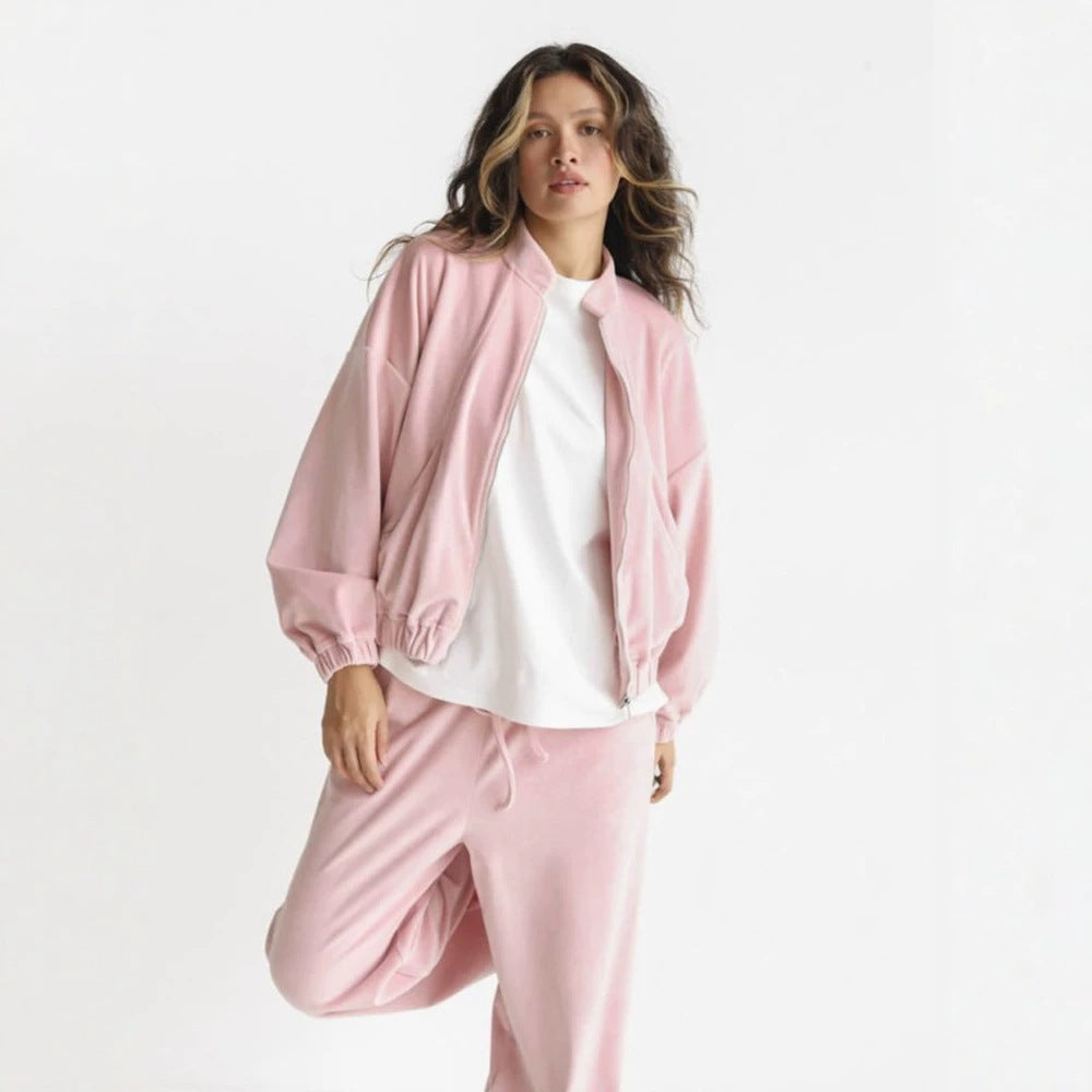 Damen ausgestelltes Velours-Jogginganzug-Set mit kurzer Reißverschlussjacke und hochtaillierter Kordelhose Shop Nory