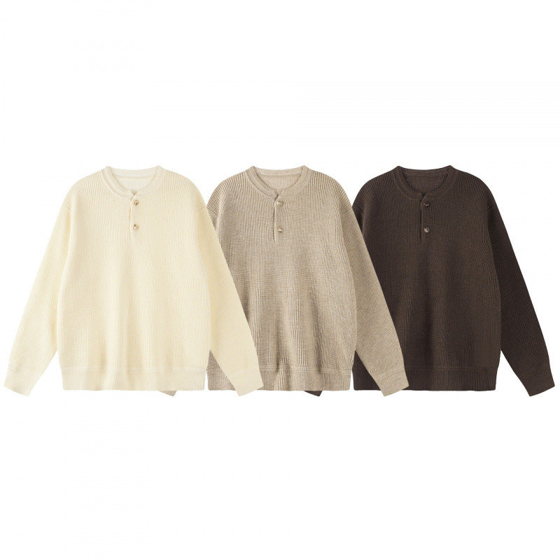 Unisex Boxy-Strickpullover mit Henley-Ausschnitt und strukturierter Waffelstrickoptik Shop Nory