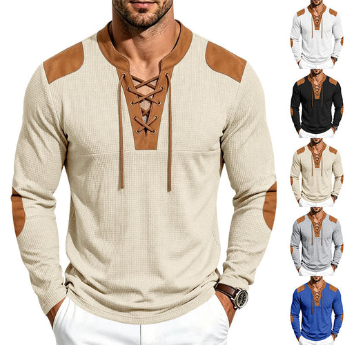 Herren Waffelstruktur-Henley mit Schnürkragen und Kunstleder-Patches Shop Nory