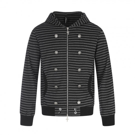 Unisex Gestreifte Kapuzen‑Zipjacke im doppelreihigen Look mit Metallknöpfen Shop Nory